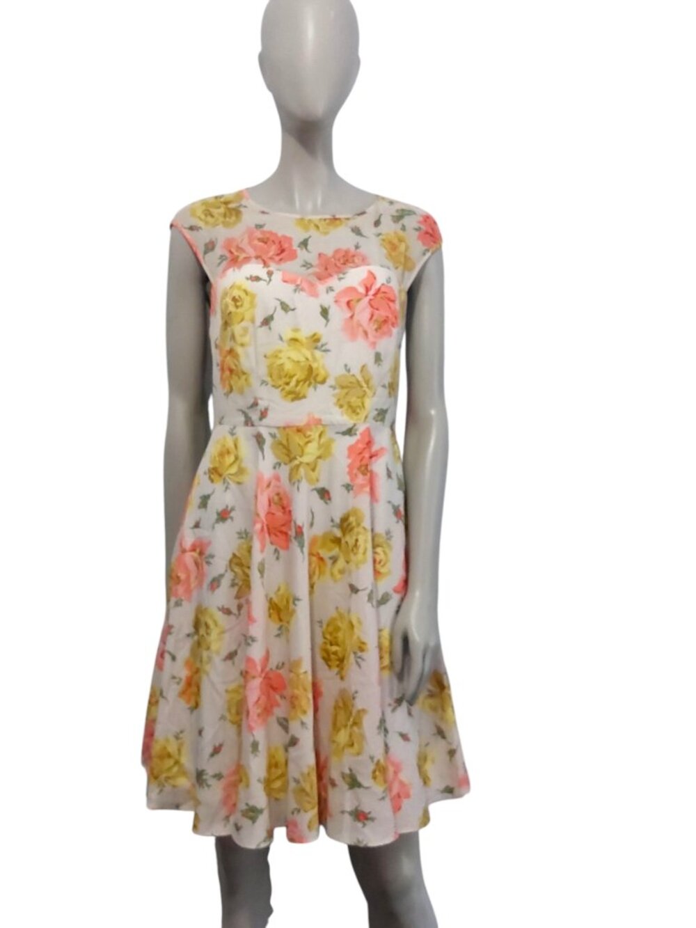 BETSEY JOHNSON Roses Print Dress 6 Fit & Flare Yellow Pink Sweetheart Sheer